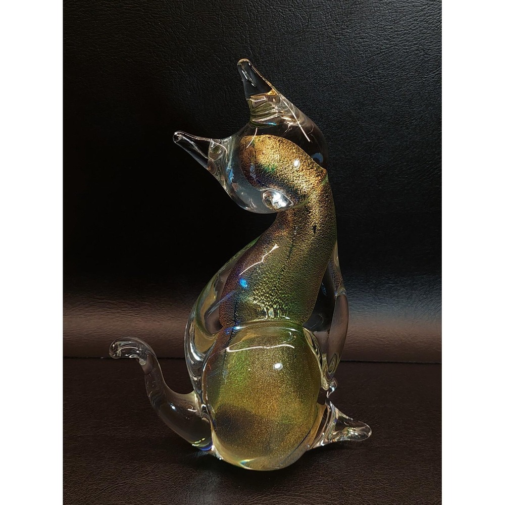 Vintage Murano Sommerso Italian Art Glass 9" Cat Figurine Gold Dust Flecks Italy